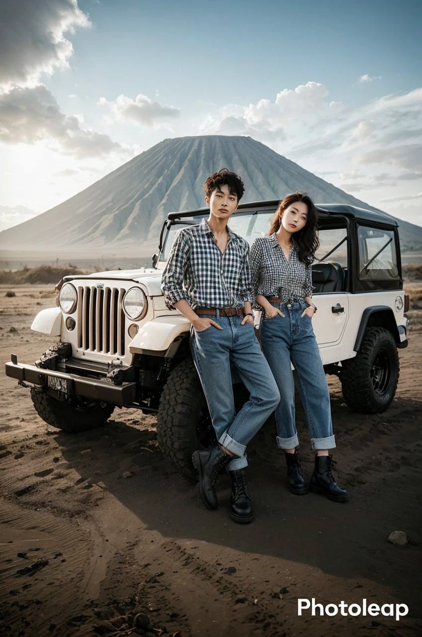 Stunning professional photo of a Korean man with short curly hair and a Korean woman with long hair, standing next to a modified cream classic Jeep parked in front of the majestic Mount Bromo. They wore black and white checkered shirts, blue jeans and black boots, posing near a Jeep, exuding a sense of adventure. The Bromo Savanna illuminates the landscape, creating a harmonious blend of modern and classic elements. Pose with both hands in trouser pockets.
