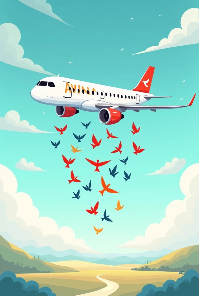 Cartoon of a white AVIANCA plane with red in the air flying thanks to several birds that support it