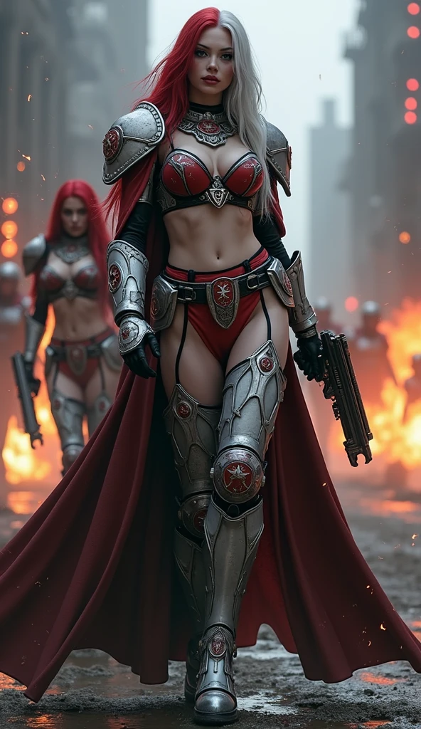Masterpiece, Best Quality, Official Art, (Highly Detailed CG Unity 8k wallpaper), Detailed background, (Hands by Guido Daniele: 1.1). Full body pose sexy sisters of battle from the warhammer 40k, shooting at the enemy, white armor with intricate details, red armor with intricate details, religous symbols on the armor, sisters of battle, warhammer 40k, Massive silicone breast, pale skin, seductive, temptation, eat your soul, clevage, long flowing black hair with purple highlights, heavy gothic makeup, at night, neon, beautiful detailed eyes, beautiful detailed lips, extremely detailed eyes and face, long eyelashes, highly detailed armor, intricate futuristic weaponry, dramatic lighting, cinematic composition, muted color palette, gritty and realistic, mecha, science fiction, hyper-detailed, photorealistic, award winning digital art, 8k, HDR, masters work, in the middle of a battle field, full body combat action pose, explosions and fire around, full war, stunning, Stilleto heels, high heels, full body pose, cinematic, movie trailer, final stand!, nemesis, ready to strike, dust and debree, combat screams, attacking, shooting at the enemy, running forward, last line of defense, charging, fanatic, religious, templar knights, sisters of battle, warhammer 40k