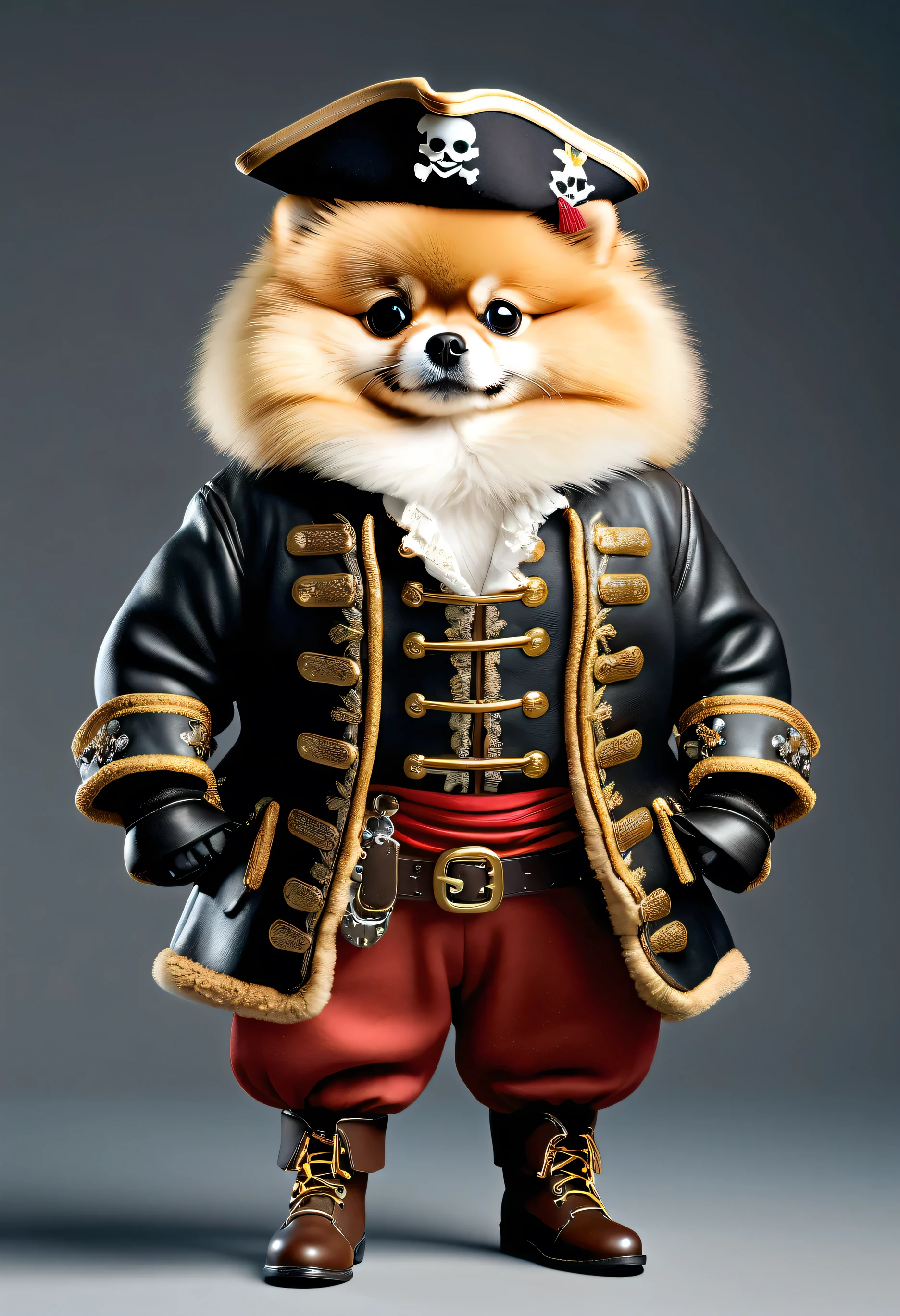 photorealistic portrait of Dressed animals - a ((fat)) (Pomeranian) pirate,(hands on hips:1.5),(furry), high quality,(lovely) ,intricate details, highly detailed ((pirate jacket and pants)), (wearing pirate hat and boots , highly detailed pirate equipment) , (happy), studio lighting,(flurry),(simple background),score_9, score_8_up, score_7_up, score_6_up, score_5_up, score_4_up,