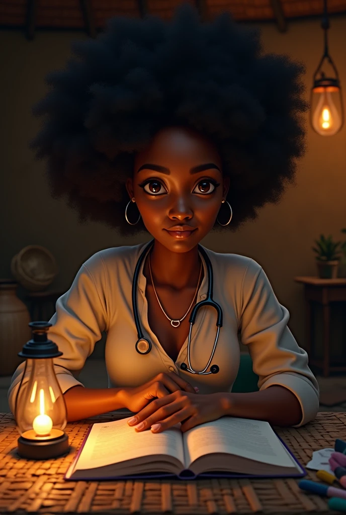 Generate an image of dark black girl with Afro hair with a stethoscope on her neck learning late in the night in a village hut. Make her look realistic and a little older