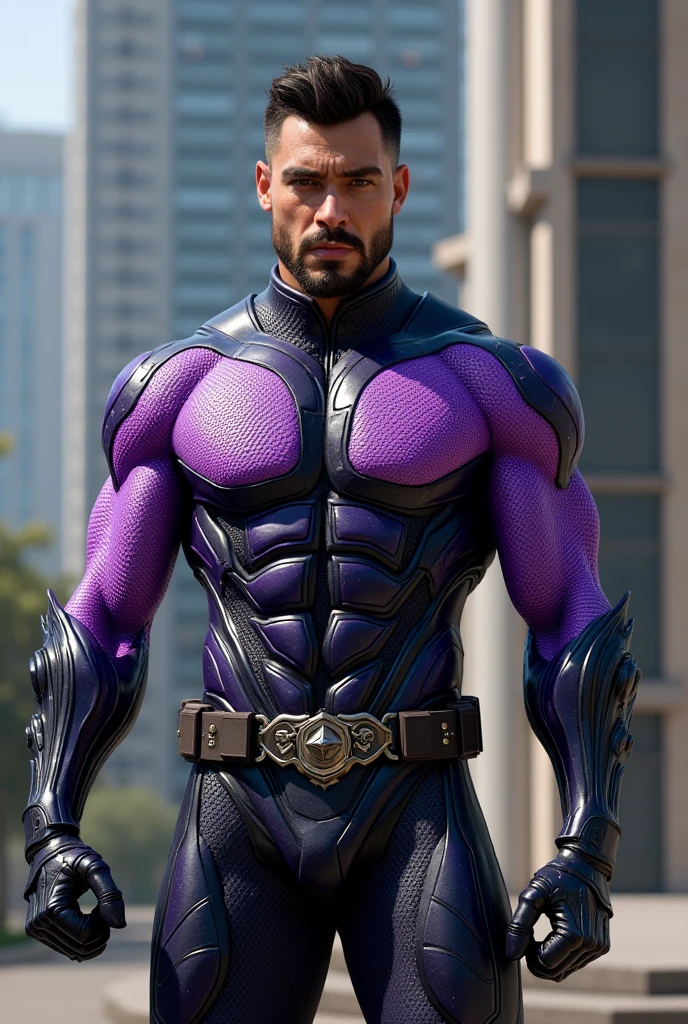 Full body photorealistic handsome hunky masculine Legion Cosmic,,unreal engine, extremely attractive male wearing black and Violet scales transparent mesh bodysuit, with belt and gloves and ,,,extremely masculine physique, intricately detailed metal body armour, super bulge, realistic skin, in action, justice league headquarters as background