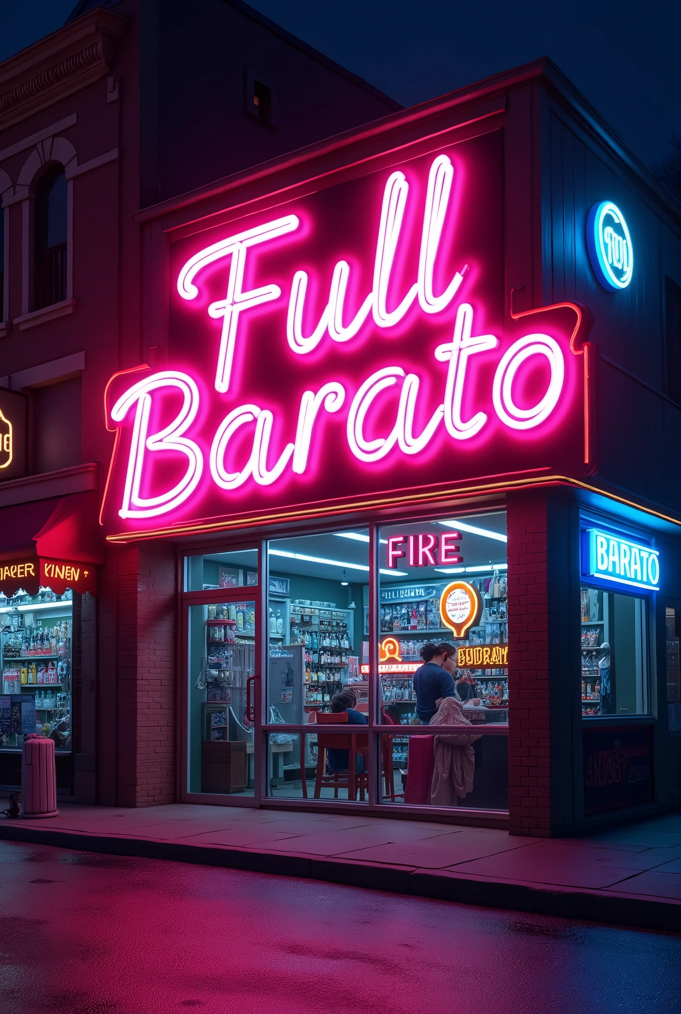 neon animated sign for a store called “full barato”.

