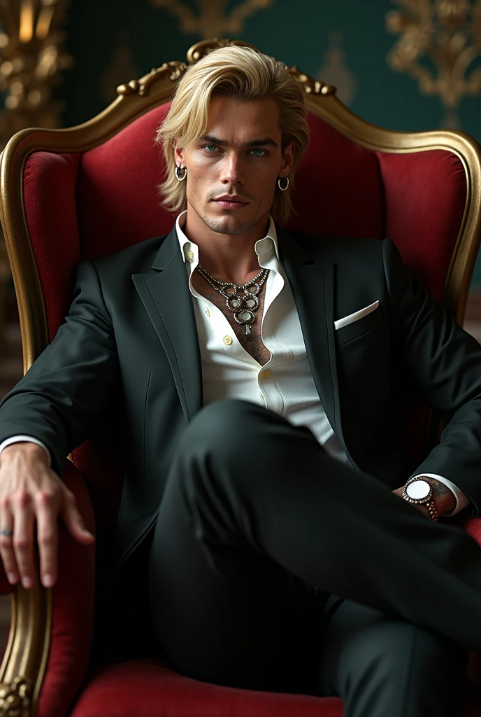 A handsome young mafia man with white skin, tall, blond hair, green eyes, a hot, sexy, toned body with tattoos and piercings, sitting in an armchair
