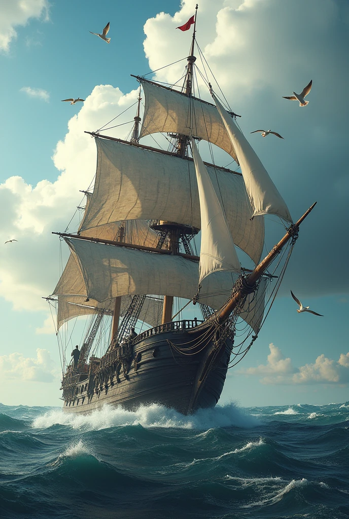 a sailing ship in the middle of the sea, brave and heroic captain, large billowing sails, crashing ocean waves, dramatic cloudy sky, sunlight glimmering on the water, detailed wood texture, intricate rigging, seagulls flying overhead, weathered and aged appearance, (best quality,4k,8k,highres,masterpiece:1.2),ultra-detailed,(realistic,photorealistic,photo-realistic:1.37),cinematic lighting,dramatic scene,epic landscape