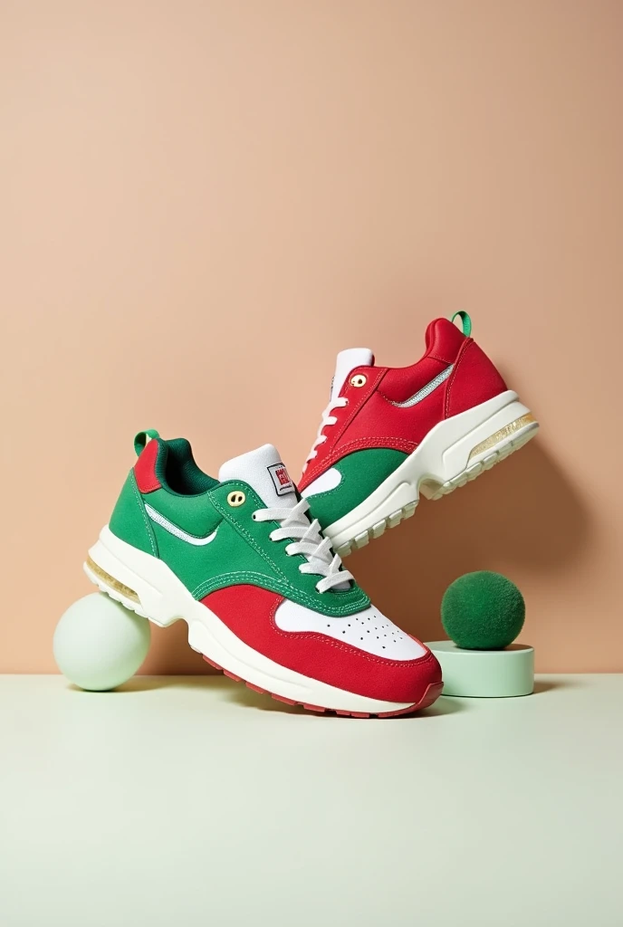 Red, green and white sneakers without brand
