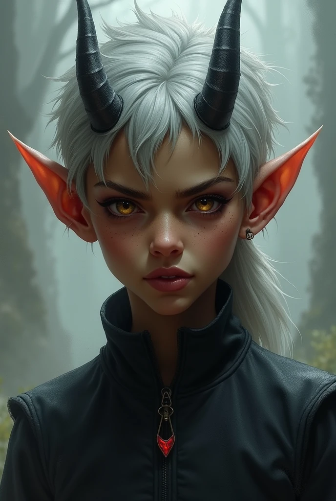 Tiefling with gray hair and brown skin