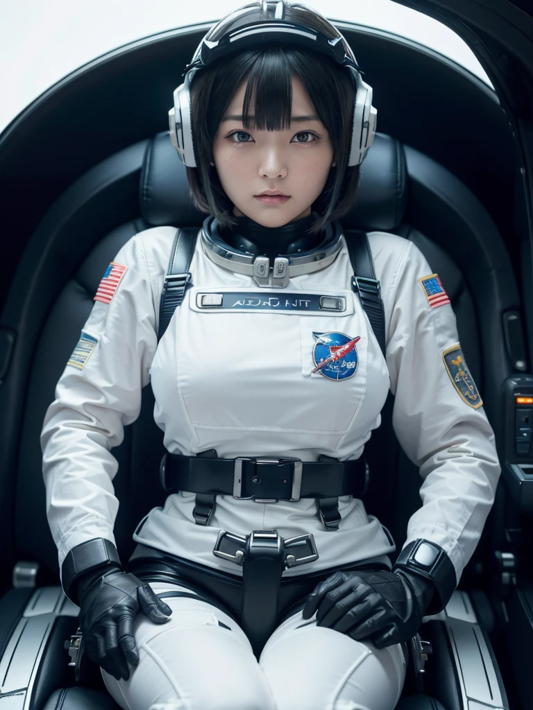 masterpiece, Highest quality, Very detailed, Japanese Android girl, Beautiful 2 Japanese woman, Plump,Control panel,Android,cyborg,Blunt bangs,Sitting in the cockpit of a spaceship and piloting it,The control stick is in the center of the seat.,astronaut,Being pinned down to the seat by a thick harness belt,Full-face helmet,