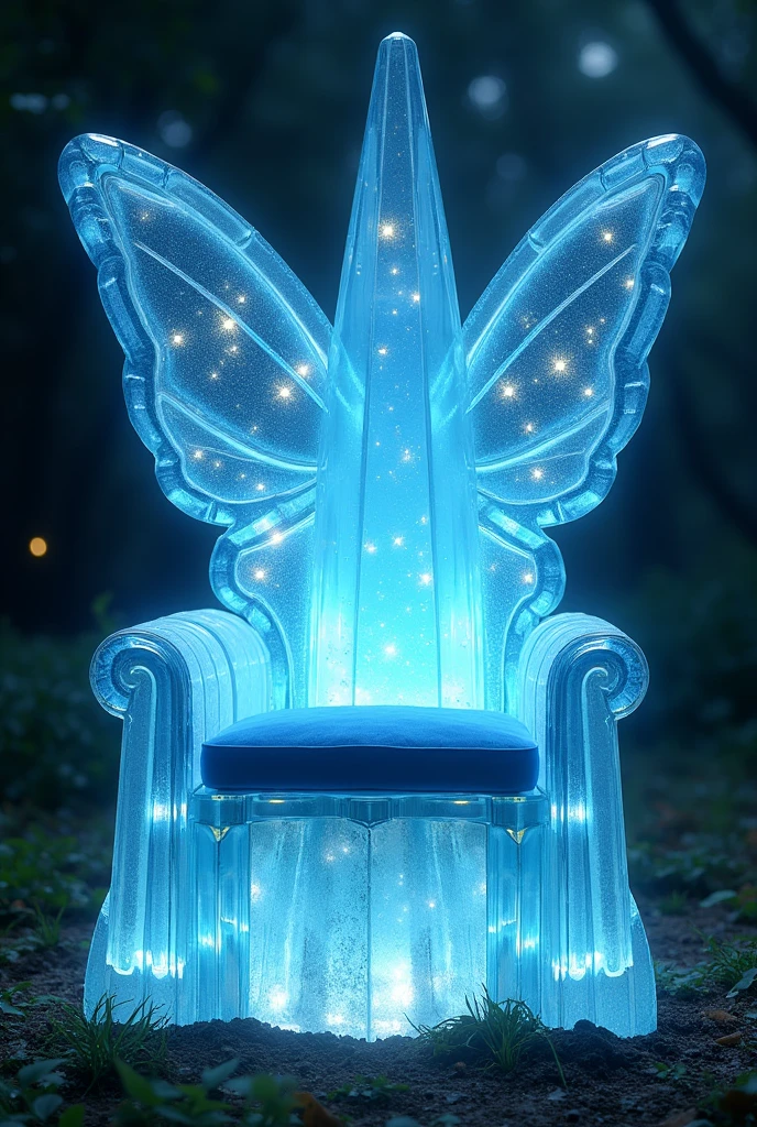 Enchanted chair, throne style, with a seat cushion type cushion, celestial throne type, made of light blue crystals, with firefly lights, with a large backrest in the shape of magical butterfly wings. Designed for your place like an enchanted forest.