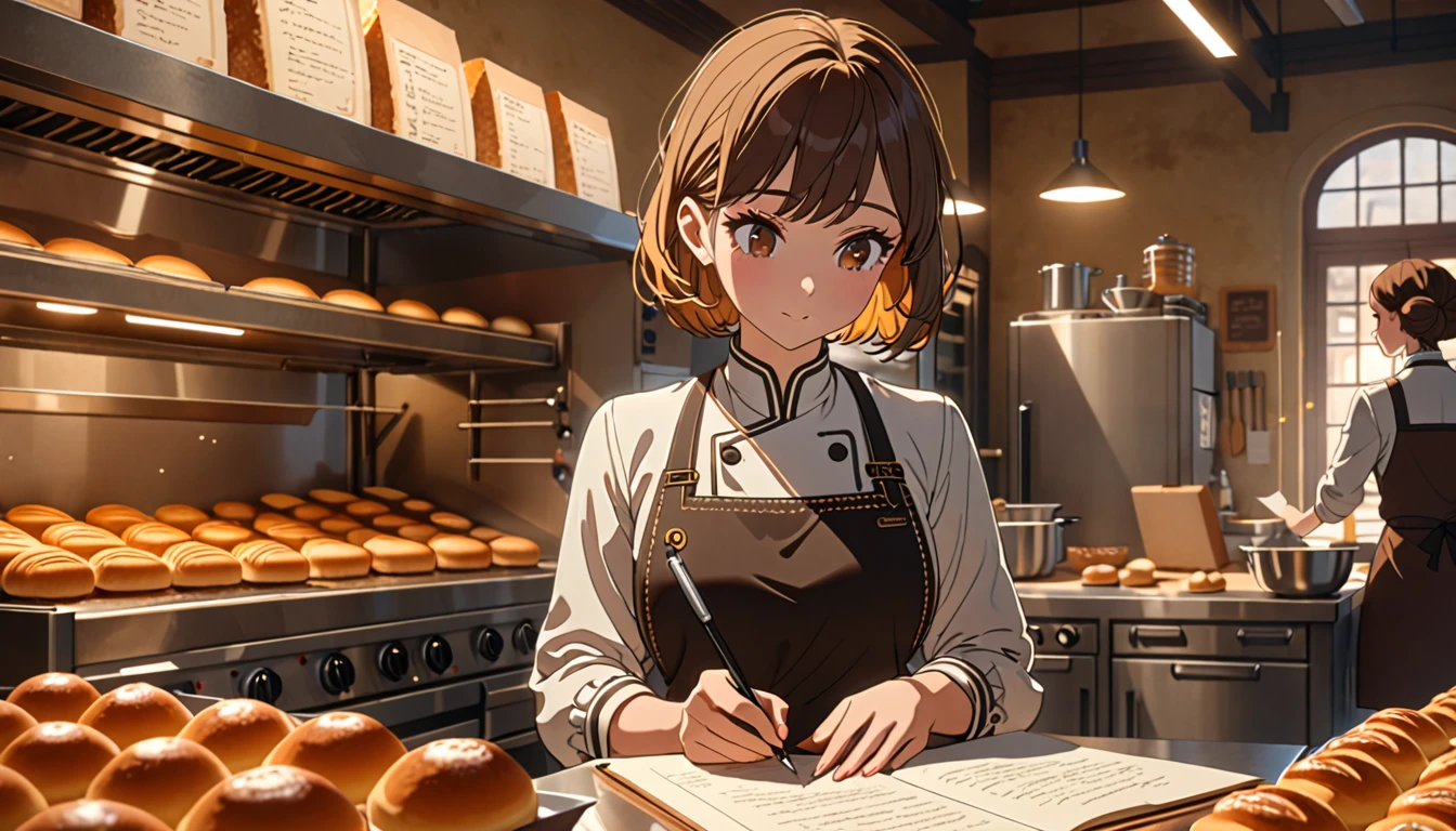 a girl in a bakery kitchen, taking notes while considering a new recipe, brown short hair, (a her colleague standing nearby giving advice:1.2), beautifully detailed face, long eyelashes, intricate details, warm lighting, animetic, 8k, high resolution, hyperdetailed, vivid colors, natural lighting, cinematic, elegant, graceful, ethereal