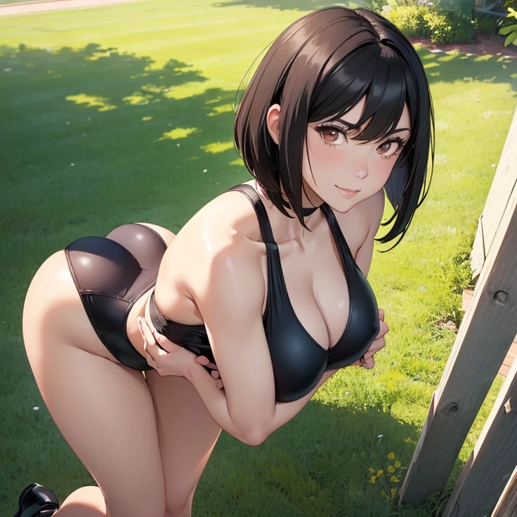 (Masterpiece), (High Resolution), (Best Quality), (Anatomically Correct), (High Details), (HD), (High Quality), (character solo, alone), (fantasy), (anime style)
{{1character:50 years old black haired milf:(medium shoulder length hair bob cut, pale skin, brown eyes, sharp nose, thick eyebrows, very thin lips, nice feminine body, beautiful body, beautiful hips, big breasts, beautiful legs, beautiful arms, delicated features, big rounded butt, beauty, feminity, sweet demeanor, motherly personality),((pink highleg one-piece swimsuit, with black heeled shoes)),((sweet expression and sweet smile),(sexy modeling pose showing her butt),(standing patient and calm)),((stadium backyard), (sunny day),(light-blue sky),(simple background),(yellow backyard's walls),(spring season),(very few people there)}}