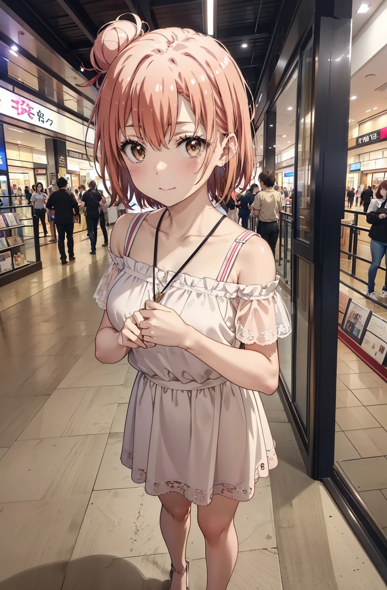 yuiyuigahama, yui yuigahama, short hair, (Brown eyes:1.5), (Pink Hair:1.2), Hair Bun, single Hair Bun,Big Breasts,smile,blush,Open your mouth,Off-the-shoulder dress,Exposing shoulders,bare clavicle,Bare neck,Rocket Pendant,mini skirt,Cute heeled sandals,Walking,whole bodyがイラストに入るように,
break indoors,Shopping mall,
break looking at viewer, whole body,
break (masterpiece:1.2), Highest quality, High resolution, unity 8k wallpaper, (shape:0.8), (Beautiful attention to detail:1.6), Highly detailed face, Perfect lighting, Extremely detailed CG, (Perfect hands, Perfect Anatomy),