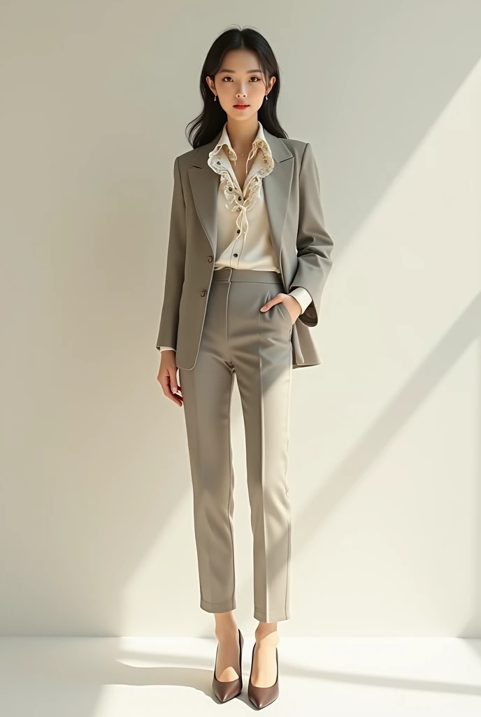 Korean female model wearing blazer, elegant blouse with ruffles, ties, pants and pumps. extremely elegant. light tones.