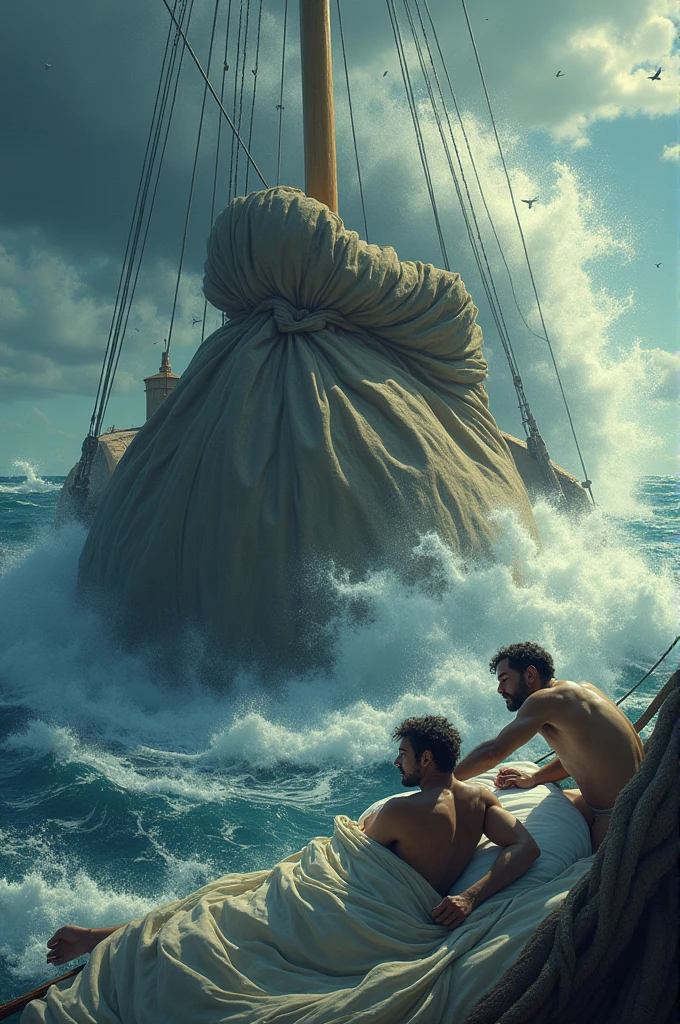 Odysseus is asleep on the ship while two of his men open a large bag, with winds coming out of it and pushing the ship into a storm.
- *Text:* Storyteller: "Odysseus' men opened the bag of winds, thinking it contained gold, and were dragged back into the sea."