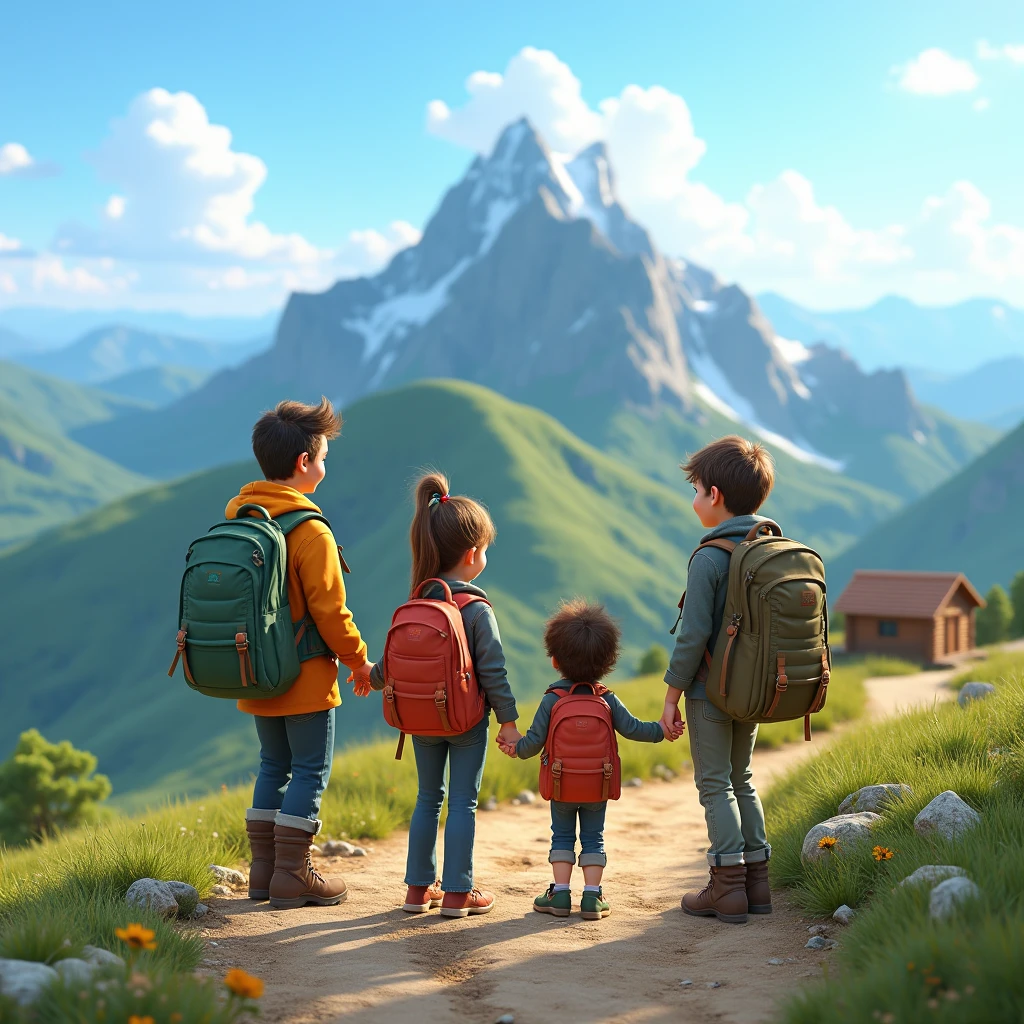 Create a Pixar-style 3D in 4k in scene of a family on a mountain hiking expedition. The family, wearing hiking gear and backpacks, is reaching the summit of a breathtaking mountain, with panoramic views of rolling hills and valleys below. Add details like a winding trail, a cozy log cabin in the distance, and a clear blue sky. The scene should convey a sense of achievement and the thrill of adventure in nature.