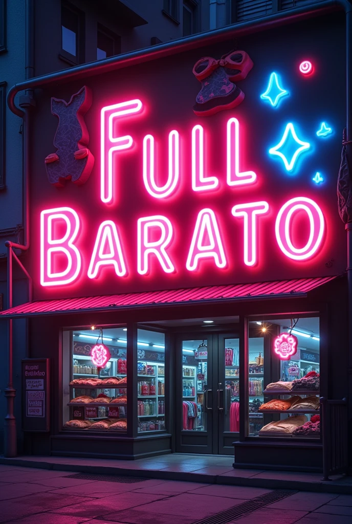 neon animated sign for a store called “full barato”.

