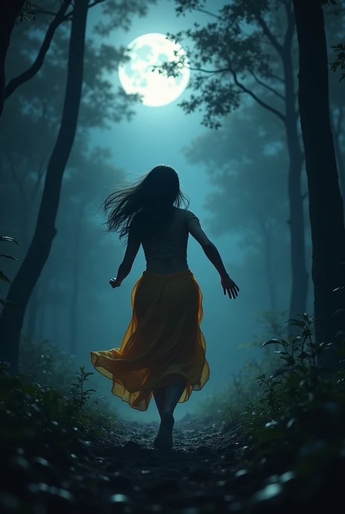 a moonlit night and a girl run wearing lehenga in fear in the forest img taken from behind