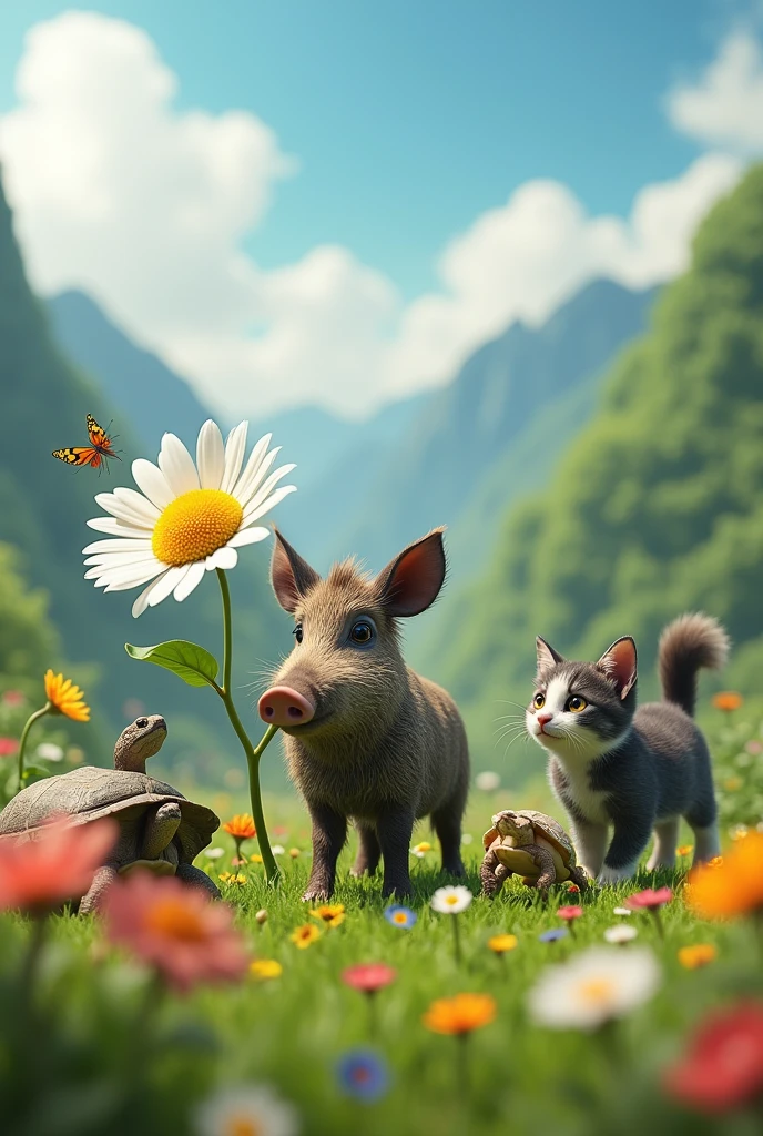 A small boar with a large daisy flower with a cicada, next to a turtle, a buffalo and a gray and white kitten with a furry tail. In the background a green mountain with small flowers and lots of grass 
