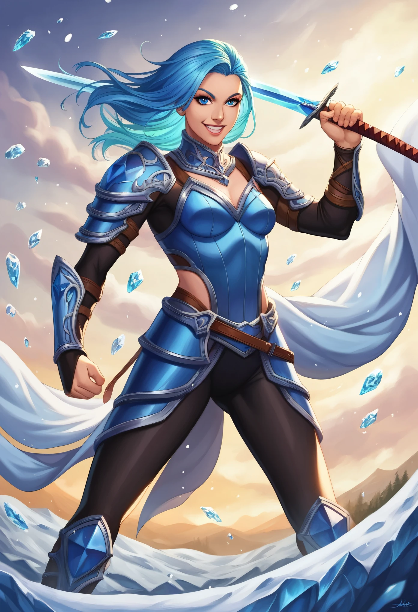 8k quality, (absurdres, super detailed), (absurdres, beautiful background, detailed background), anime style,
Ice Goddess illustration, the character is a very beautiful 2 girl, small breasts, beautiful light blue hair, beautiful blue eyes, wearing transparent blue armour , looking at me, smiling, fighting with a blue long sword, Standing on the large ice field during the blizzard, fantasy landscape, shader, autoluminated, cinematic light, dynamic angle, transparent, glazing, best aesthetic, BREAK background blizzard, hail, snowy background, snowy sky