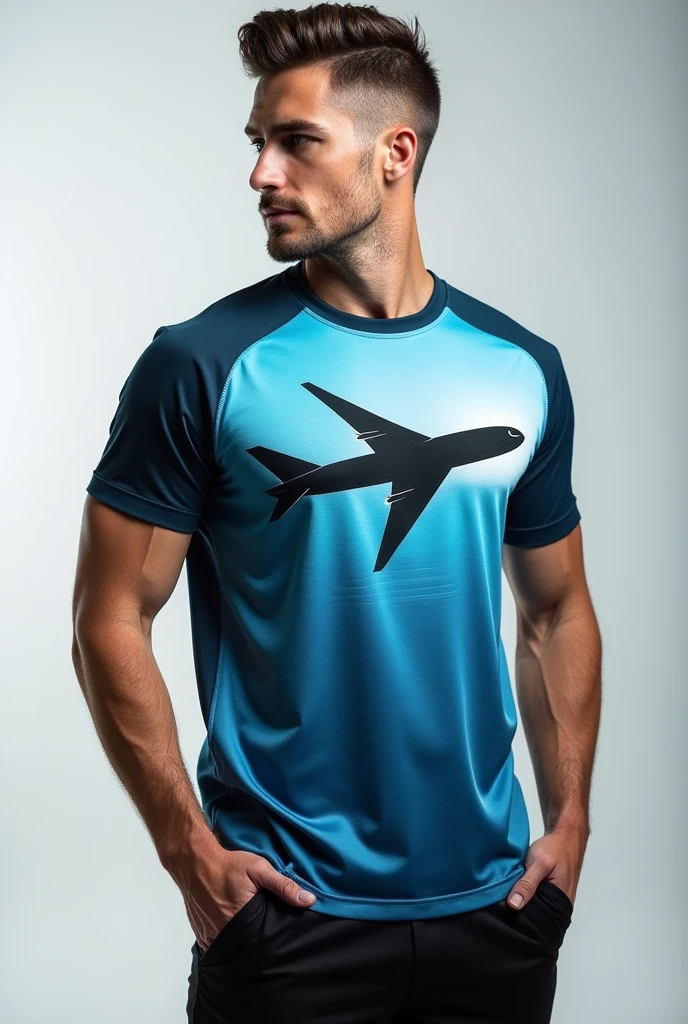 Create a building shirt that has to do with an airplane, the color blue and black.sport shirt