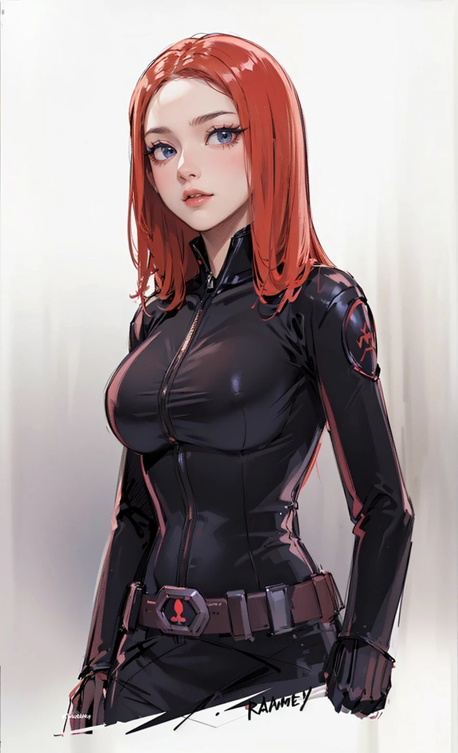 The image depicts Black Widow. She is illustrated with long, bright red hair and blue eyes, and is clad in a sleek skin-tight shiny black latex bodysuit with a silver zipper running down the front. The suit is complemented by her shiny iron wrist guard on both wrists and a metal belt with a buckle that features a red hourglass mark. Her gaze is intent and directed off-screen, implying alertness and focus on an unseen threat or target. She appears with a cute smile on her face. The atmosphere of the image conveys confidence and resilience, characteristics synonymous with the Black Widow persona. The background of the image is an off-white color, which creates a subdued and timeless ambiance.