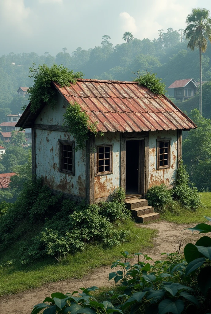 (Photorealism 1.2) old wood rusty house at hill Malay village