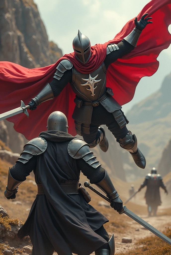 Two medieval knights fiercely battling each other, one of them with a red cloak with a white dragon crest in the center of the cloak, with an iron helmet that covers his face as he attacks his enemy from above.