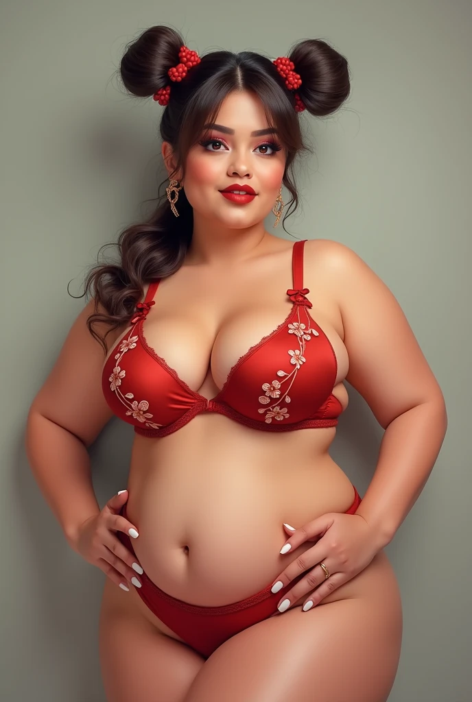 a woman with a big boobs wearing a red floral bra with bunny tail style in her hair