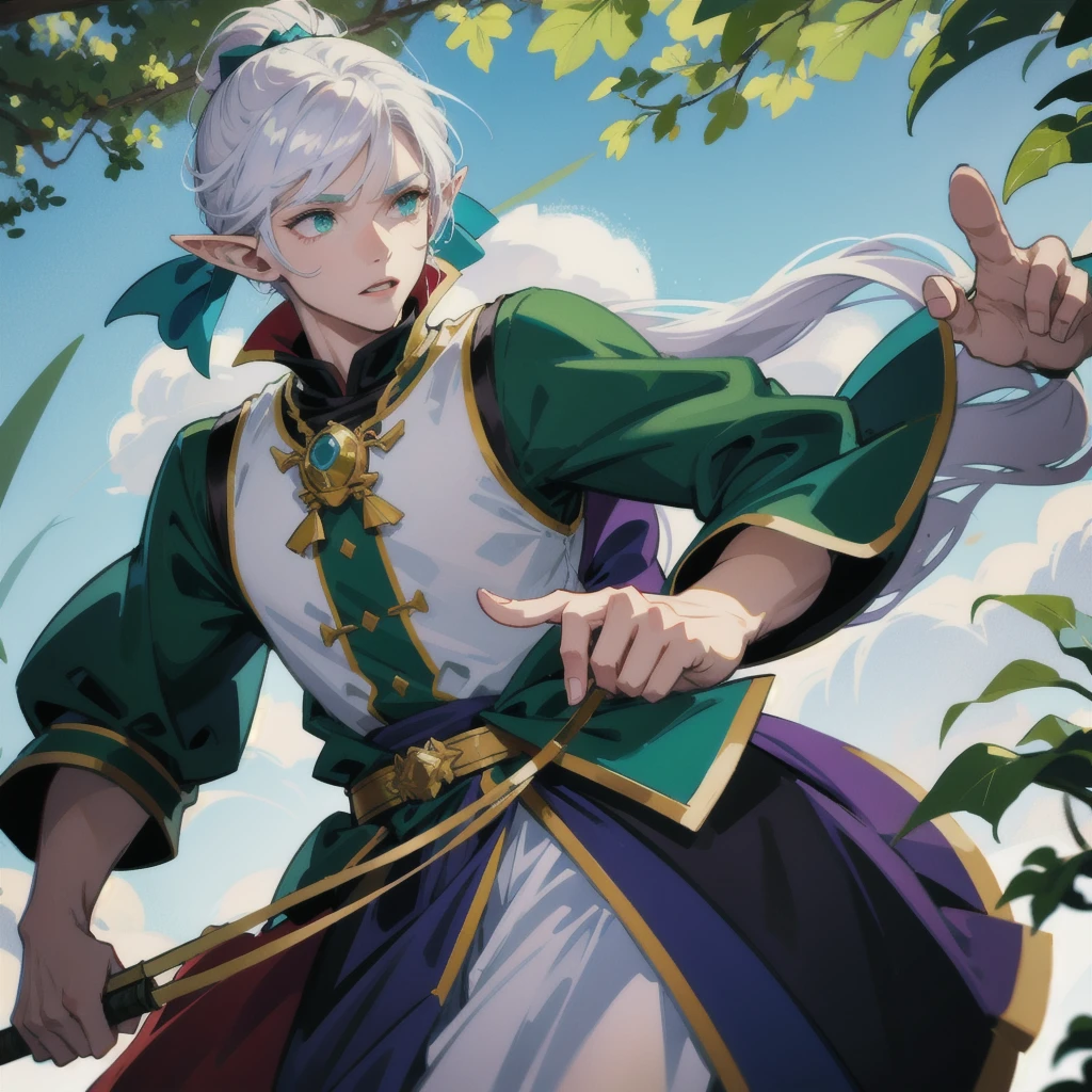 An elf man, bonitas, White hair, bright green eyes, Athletic, elf style clothes, green details, blue-green, maroon, with a bow in hand, atirando uma flecha com aura de vento blue-green, aiming at a black wyvern with purple eyes in the sky, in the middle of a forest with shadows, ultra detaild, 8k