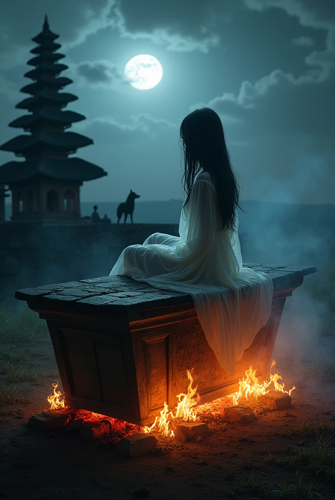 A ghost girl sits on a coffin., The coffin was placed on a pyre., The fire is burning the coffin., balinese temple, Cold atmosphere, The evening is scary, Sitting with legs dangling, full moon, Dog howling, saw a ghost
