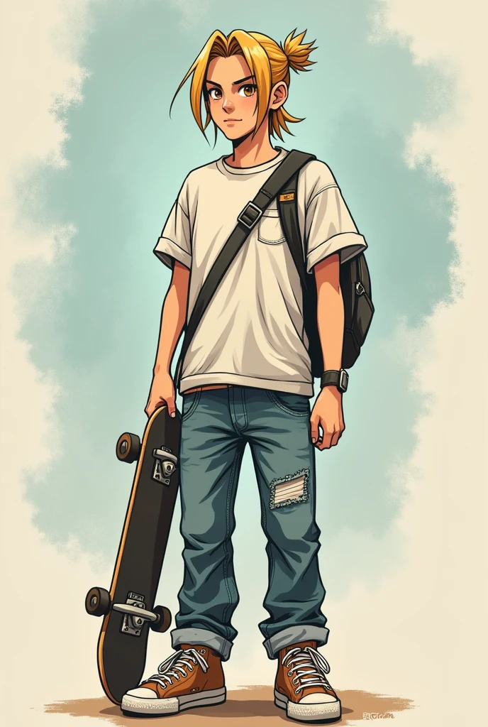 a male character, typical rpg (human without armor, skater clothes with a skateboard in hand) but he is blond and wears his hair in a bun [I wish it had a more drawn look, unrealistic]