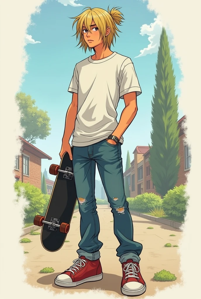 a male character, typical rpg (human without armor, skater clothes with a skateboard in hand) but he is blond and wears his hair in a bun [I wish it had a more drawn look, unrealistic]