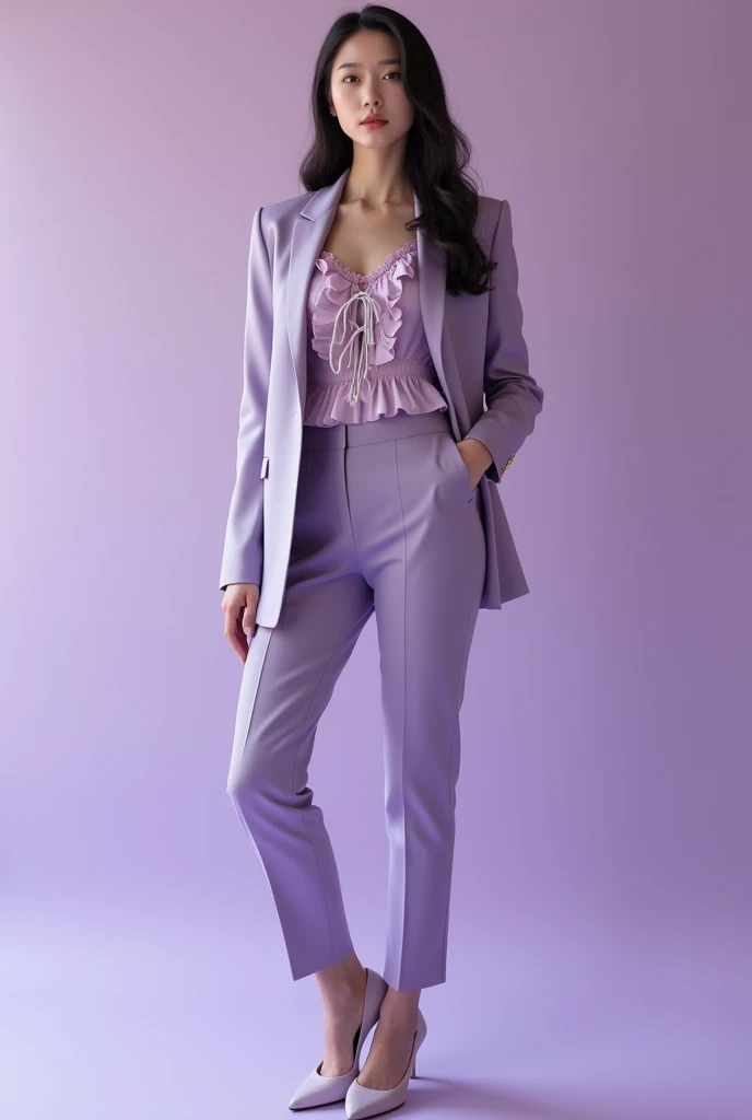 Korean female model wearing blazer, elegant blouse with ruffles, ties, pants and pumps. extremely elegant.  Light purple tones. 