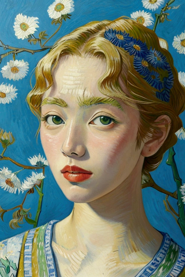 a painting with a reinterpretation of Van Gogh&#39;s flowers but it looks like a person who doesn&#39;t know how to draw did it but it looks very realistic 