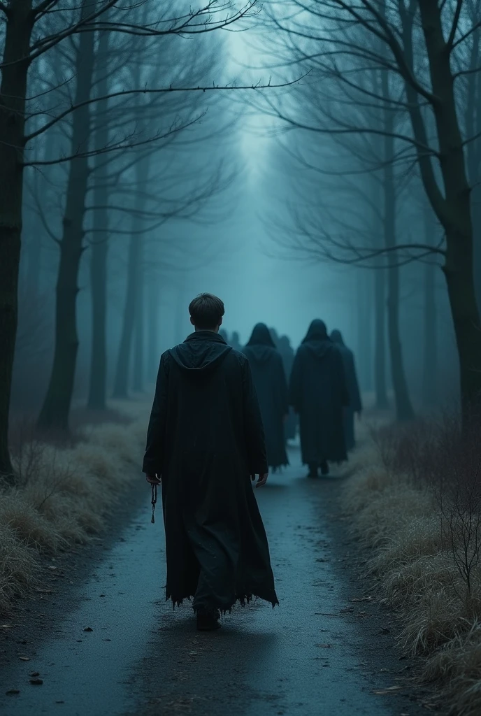 In the dead of night, a young man walks unknowingly through a deserted path, the cold air biting at his skin. Behind him, a sinister band of Dementors silently emerges from the shadows, their presence a creeping dread that goes unnoticed in the stillness. Cloaked in tattered, filthy robes that billow like smoke, these ghostly entities hover just above the ground, their forms obscured by darkness so deep it seems to swallow the very light around them. The night air grows colder with every step they take, their hoods concealing the void where faces should be, leaving only a black emptiness that oozes malice.The Dementors move as one, gliding effortlessly through the night, their approach almost imperceptible. From beneath their cloaks, wisps of dark mist seep out, carrying the distant, tortured cries of souls long lost to despair. The shadows stretch unnaturally, warping the landscape around them as if the world itself recoils from their presence. The young man remains oblivious to the deathly chill creeping closer, his breath now visible in the freezing air, the very essence of warmth and hope being drained from the world as the Dementors close in. With every silent beat of their approach, the atmosphere thickens, laden with a foreboding that whispers of an impending doom—a fate worse than death that lingers just out of sight, waiting to ensnare him in the cold grip of despair, in the forest, with a highly detailed perspective. Best quality