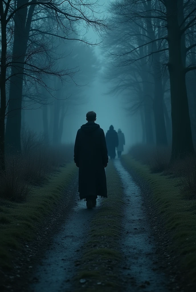 In the dead of night, a young man walks unknowingly through a deserted path, the cold air biting at his skin. Behind him, a sinister band of Dementors silently emerges from the shadows, their presence a creeping dread that goes unnoticed in the stillness. Cloaked in tattered, filthy robes that billow like smoke, these ghostly entities hover just above the ground, their forms obscured by darkness so deep it seems to swallow the very light around them. The night air grows colder with every step they take, their hoods concealing the void where faces should be, leaving only a black emptiness that oozes malice.The Dementors move as one, gliding effortlessly through the night, their approach almost imperceptible. From beneath their cloaks, wisps of dark mist seep out, carrying the distant, tortured cries of souls long lost to despair. The shadows stretch unnaturally, warping the landscape around them as if the world itself recoils from their presence. The young man remains oblivious to the deathly chill creeping closer, his breath now visible in the freezing air, the very essence of warmth and hope being drained from the world as the Dementors close in. With every silent beat of their approach, the atmosphere thickens, laden with a foreboding that whispers of an impending doom—a fate worse than death that lingers just out of sight, waiting to ensnare him in the cold grip of despair, in the forest, with a highly detailed perspective. Best quality