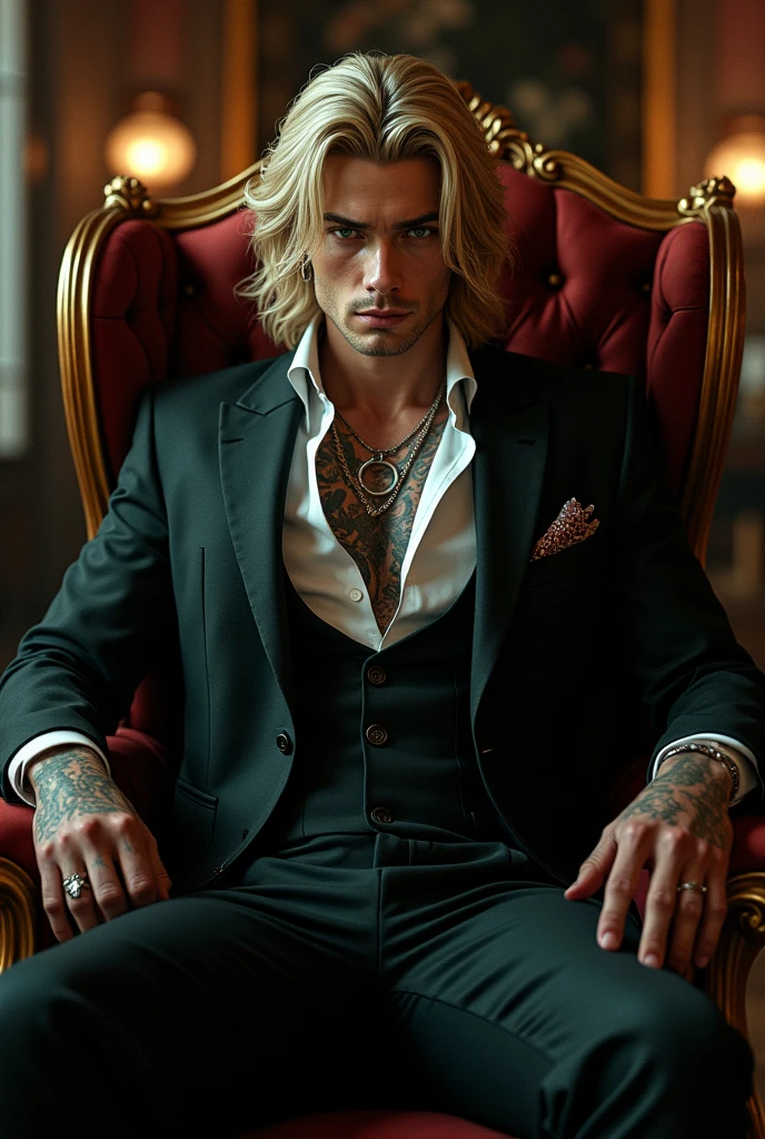 A handsome young mafia man with white skin, tall, blond hair, green eyes, a hot, sexy, toned body with tattoos and piercings, sitting in an armchair