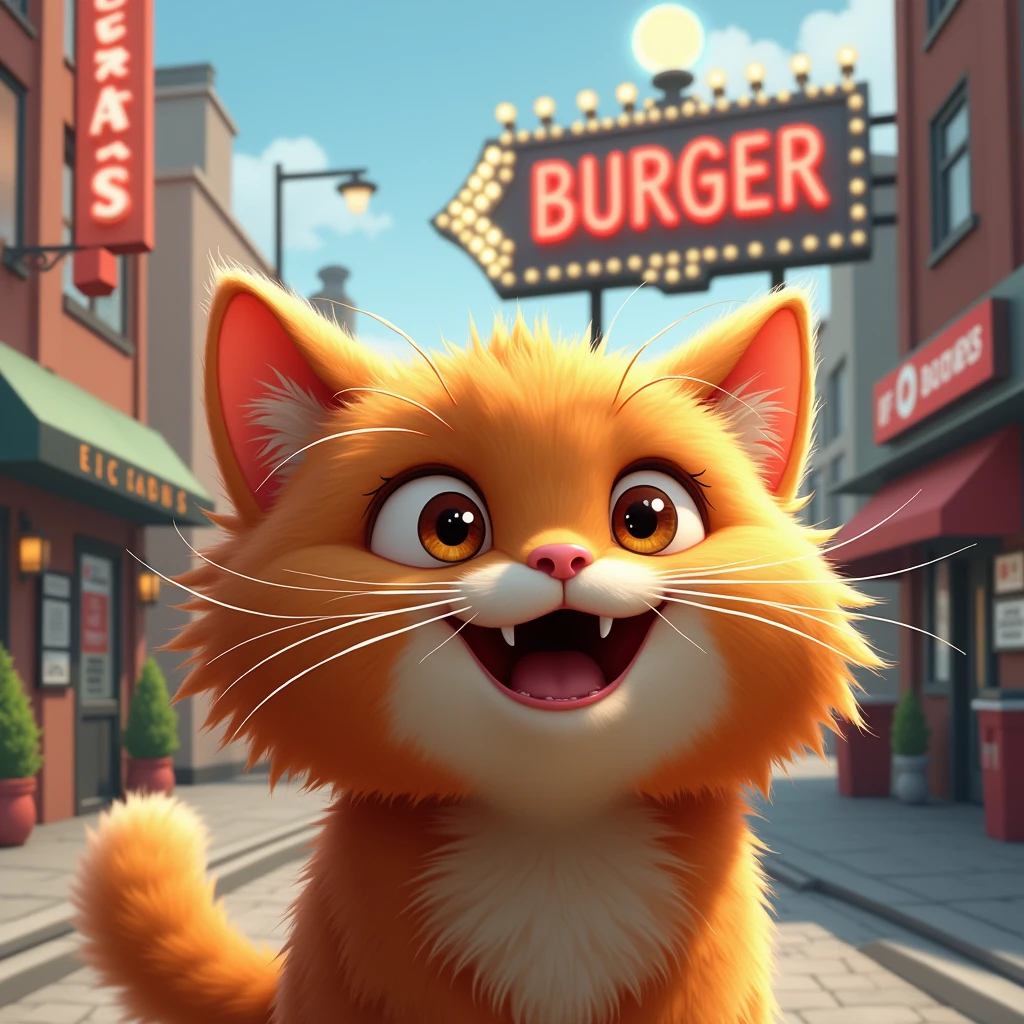 A cute big ginger cat sees a burger restaurant sign in the city and drools