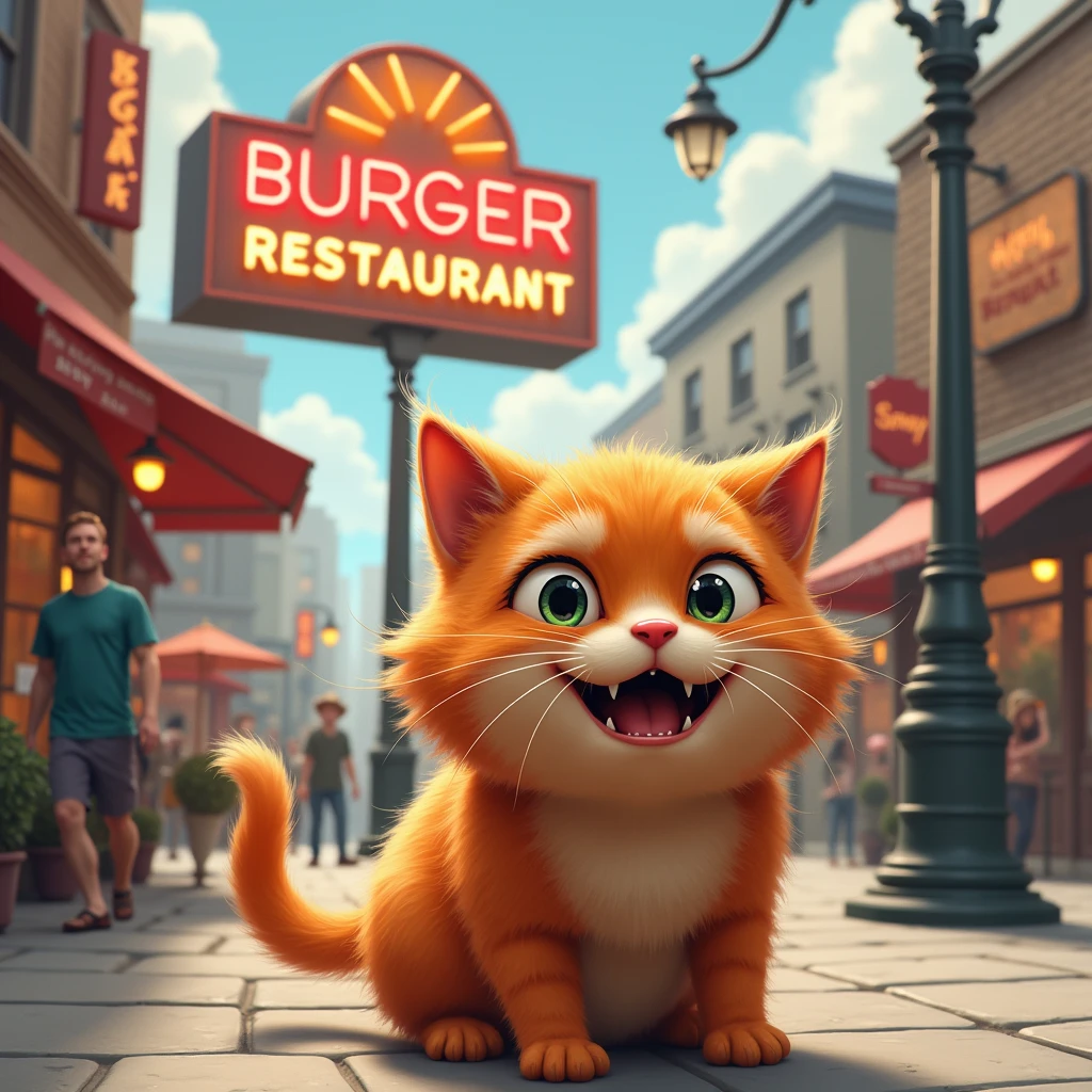 A cute big ginger cat sees a burger restaurant sign in the city and drools