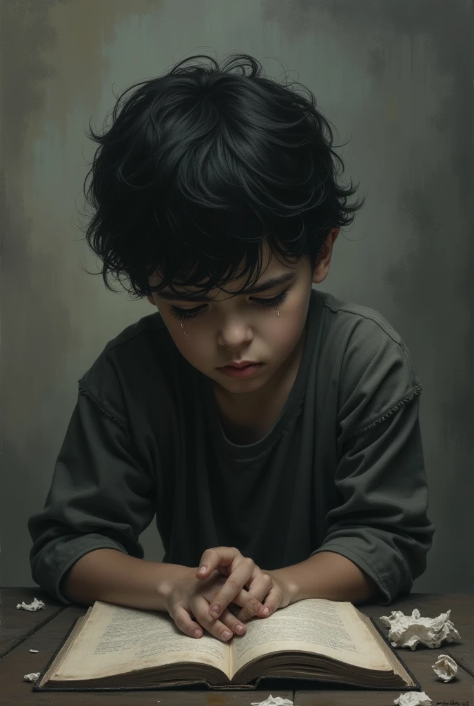 A BOY WAS DEPRESSED AND WITH HE BACK A TITLE DEPRESSED BOY