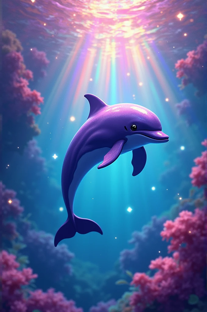 Purple dolphin under colorful rainbow water