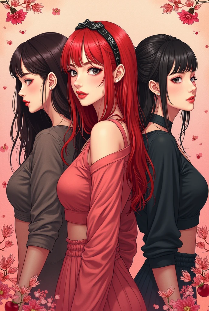 Create an image of a kpop group with five members (backwards), one with dark brown hair, another with light brown hair,another redhead,another one with black hair, and another with black hair tied back. The group is called blackcherry, Its concept is black and red cherries and its representative colors are black and red., The group has a retro concept, soft y girl crush (poster style)