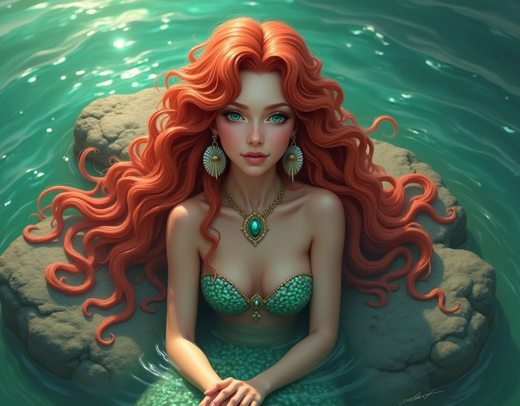 Beautiful Mermaid With Long Curly Red Hair, blue eyes, Shell Shaped Earrings, With A Green Stone Necklace, With a Green and Pink Syrup, Centered on a Rock of a Beautiful Realistic Island