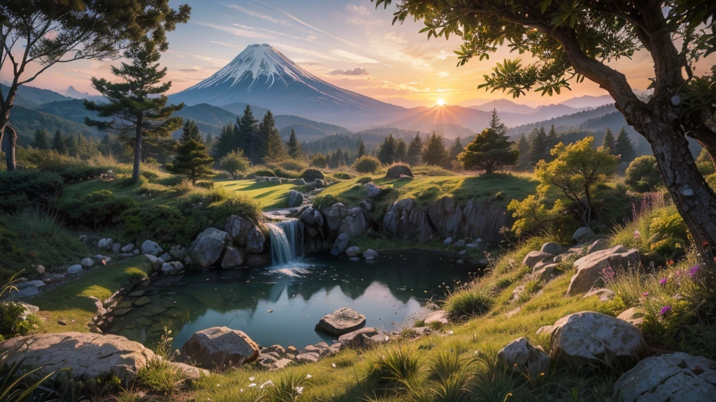 fairytale view with a futuristic fantasy decorated white modern home in a japanese garden, dramatic mountain range, rocks plants flowers shrubs bushes trees moss lawns grass mushrooms fireflies,colourful sunset and strong sunbeams,very hazy,extreme details,photorealistic,4k,HD,beautiful,nature, dreamy, low shot,ground level photo, good luminosity, high ambience