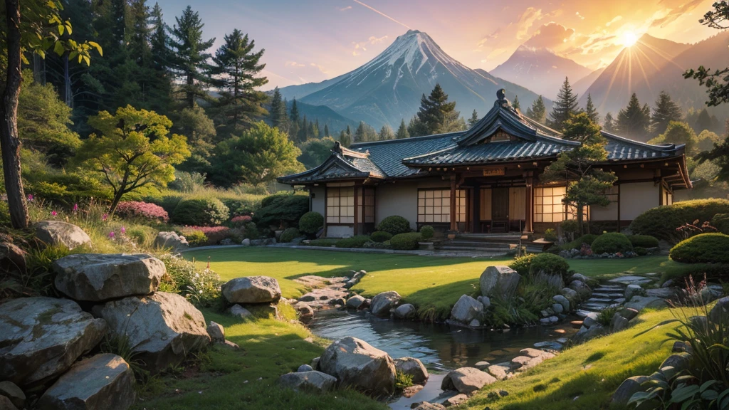 fairytale view with a futuristic fantasy decorated white modern home in a japanese garden, dramatic mountain range, rocks plants flowers shrubs bushes trees moss lawns grass mushrooms fireflies,colourful sunset and strong sunbeams,very hazy,extreme details,photorealistic,4k,HD,beautiful,nature, dreamy, low shot,ground level photo, good luminosity, high ambience