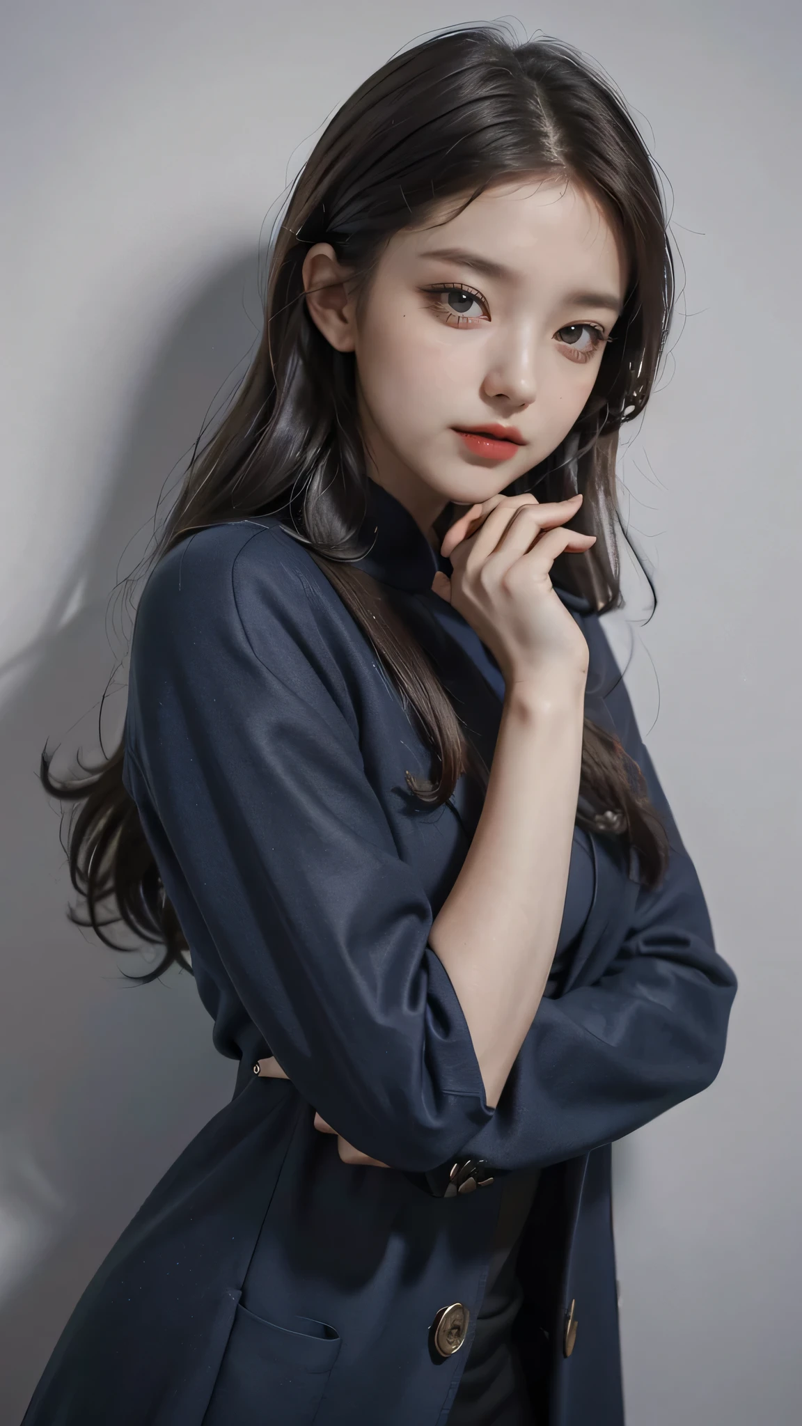 Girl wearing, luxury navy blue coat, shoulder length hair, wavy hair, glowing skin, star in eye, red lips, grey background, cute poses , upper body.