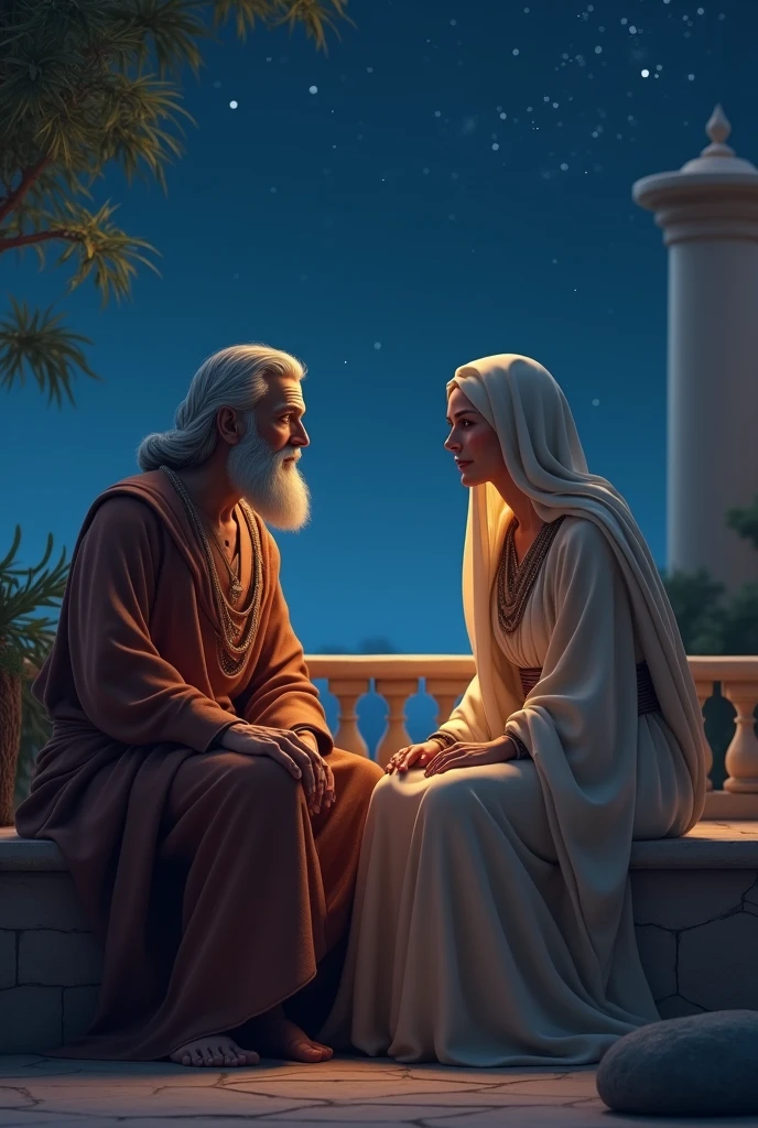 shared wisdom: Crie uma imagem que retrate Abrão e Sarai personagens idosos da bíblia com rare beauty, 60 years old, in deep conversation under the night sky. Imagine them sitting on a terrace, staring at the stars, mulher idosa 60 years old rare beauty, homem idoso 70 anos rare beauty, brown skin, typical clothes of a Hebrew. Hebrew Woman, de 60 years old, brown skin, rare beauty. 3d image, RPG style.
