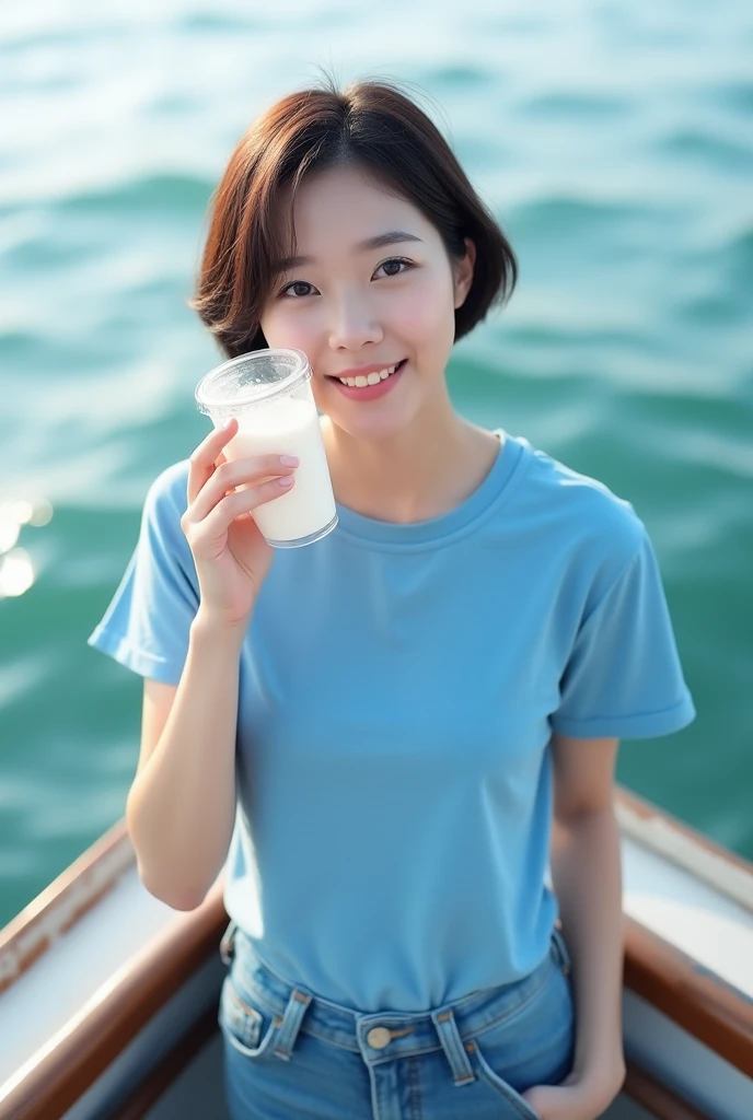 Highly realistic 8k photos, sea background, standing on a boat, Holding a clear cup next to your face with one hand, Korean woman, Wearing a blue t-shirt and jeans, standing face to face, Looking at the camera, A photo showing the whole body, short hair, full body photo, Feet coming out, A little smile,