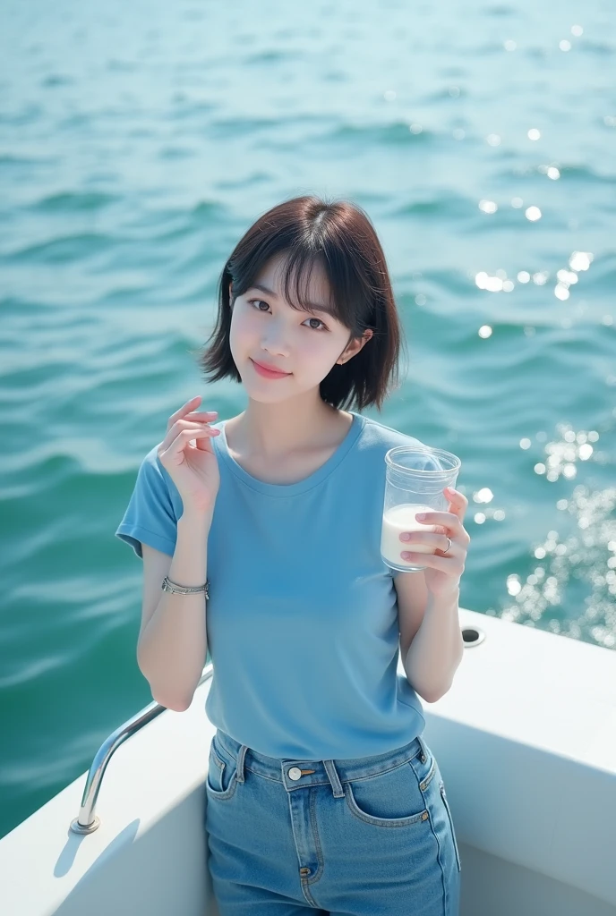 Highly realistic 8k photos, sea background, standing on a boat, Holding a clear cup next to your face with one hand, Korean woman, Wearing a blue t-shirt and jeans, standing face to face, Looking at the camera, A photo showing the whole body, short hair, full body photo, Feet coming out, A little smile,