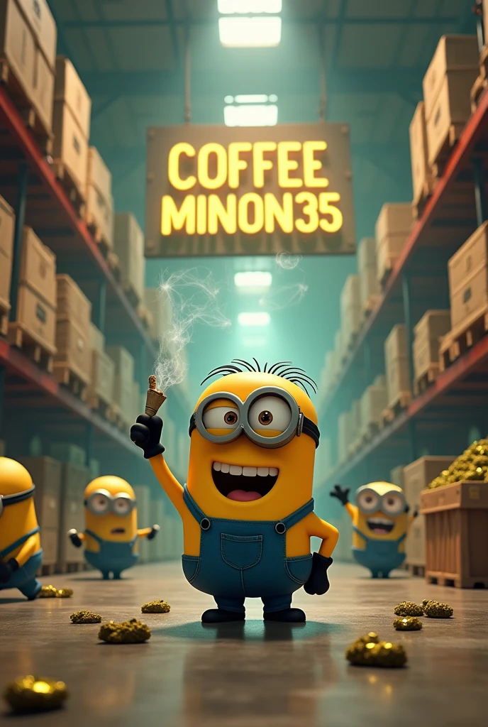 un minion défoncé mais joyeux avec un joint dans un grand entrepot ou il y'a ecrit en gros sur un grand panneau lumineux Coffee Minion35 avec une feuille de weed et dans l'entrepot plein de minion qui transporte des caisses et des sac remplis de canabis dans le fond avec des petits rectangle marron et des petits pochons de canabis au sol en cartoon